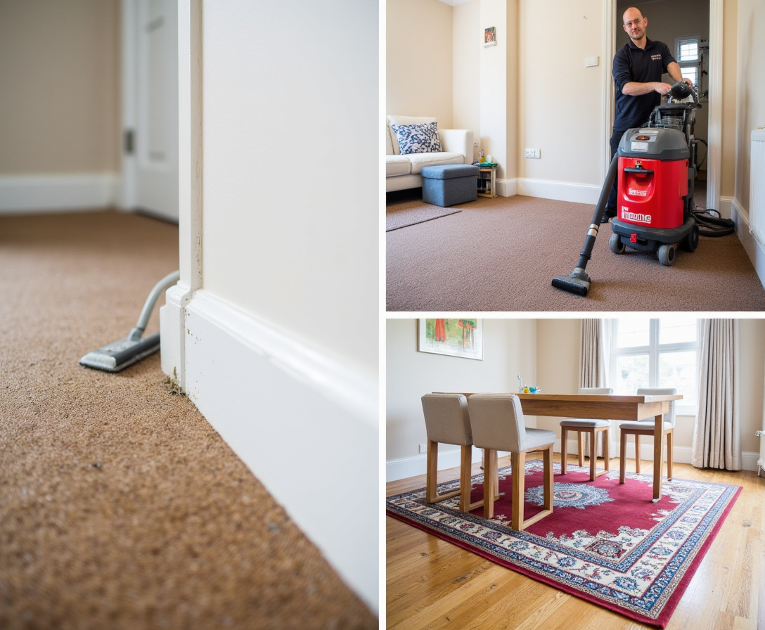 A series of high-quality images showing a dusty skirting board being wiped clean, a professional Dry Fusion machine refreshing a hallway carpet, and a close-up of a clean, vibrant rug under a dining table.