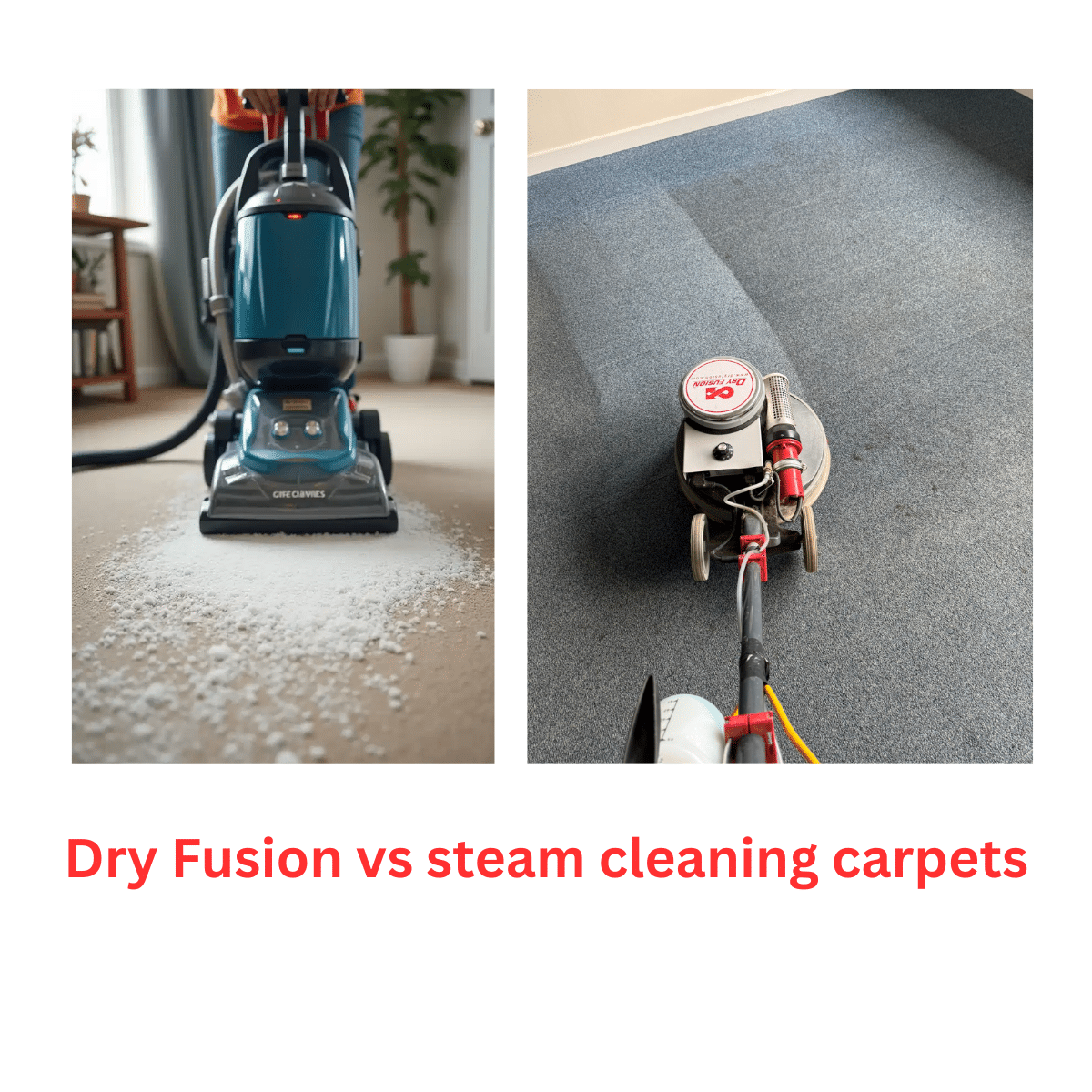 A side-by-side comparison graphic. On the left, a traditional steam cleaner leaving a dark, damp patch on a carpet. On the right, the Dry Fusion machine leaving a bright, bone-dry, and fluffy carpet path in a single pass.