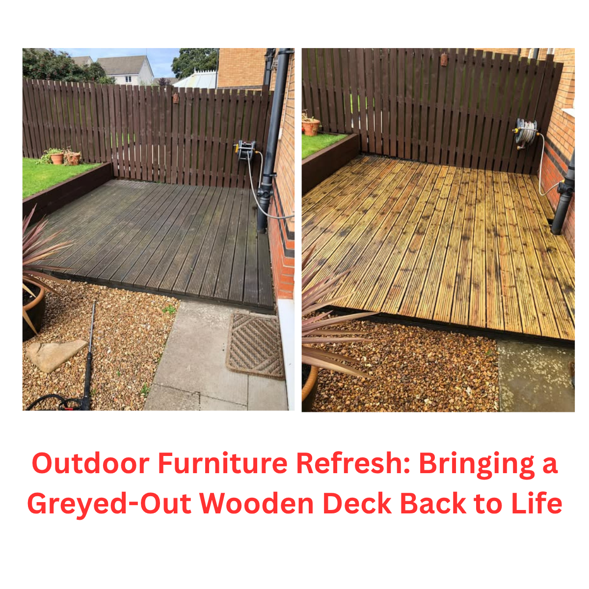 A split-screen image showing the restoration of a wooden deck. The left side shows weathered, dark grey timber covered in green moss, while the right side shows the clean, bright, natural golden-brown wood after professional cleaning by Dry Fusion Scotland.