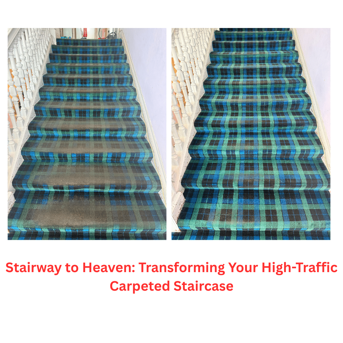 A dramatic before-and-after shot of a carpeted staircase in a home. The left side shows dark, flattened grey traffic lanes on the carpet, while the right side shows the clean, plush, and vibrant results after a Dry Fusion Scotland treatment.