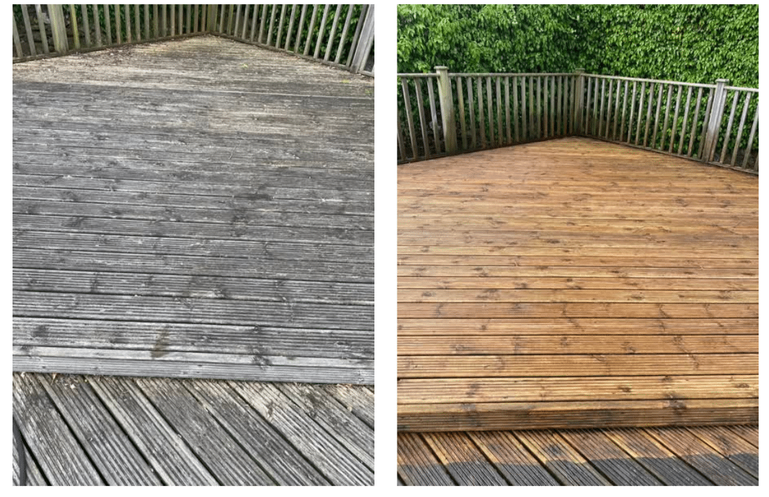 A split-screen image showing the restoration of a wooden deck. The left side shows weathered, dark grey timber covered in green moss, while the right side shows the clean, bright, natural golden-brown wood